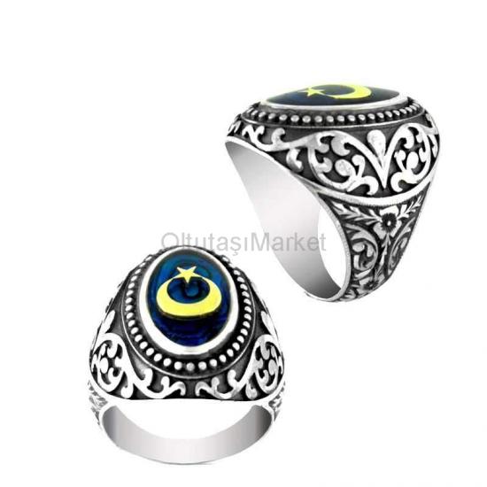 Okyanus Sedefi Taşlı Ayyıldız Desenli Erzurum Kalemkar İşçiliği Gümüş Erkek Yüzüğü